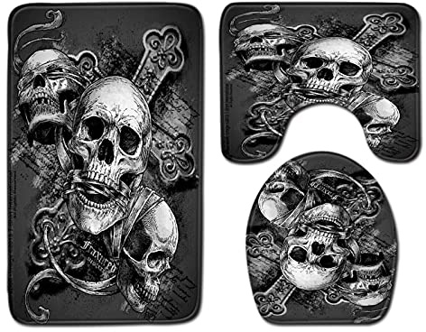 kewing 3-teilige Badteppich und Mattensets mit Totenkopf Print, U-förmige Toiletten Bodenmatte, rutschfeste Badezimmer Fußmatten Teppiche, Toilettensitzbezug