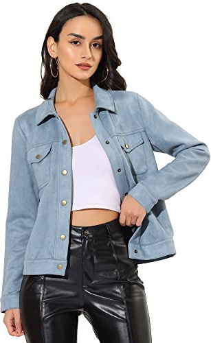 Allegra K Giacca western da donna in finta pelle scamosciata con colletto rovesciato shacket tasche con patta e bottone a pressione blu chiaro S