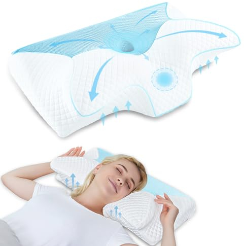 HOMCA Orthopädisches Kissen Memory Foam Nackenstützkissen für HWS Ergonomisches Kopfkissen für Rücken-, Seiten- und Bauchschläfer, 60 * 35 * 8/12cm, Blau