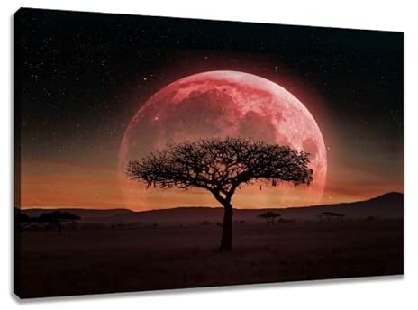 Visario Quadro in tela con luna rossa con albero, 80 x 60 cm, n. 4031