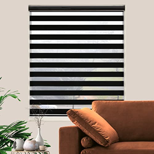 JIANGPIN Zebra-Rollo, zweilagig, zum Aufrollen für Wohnzimmer, halbtransparente Farbtöne, Fensterräume, Sichtschutz-Lichtkontrolle für Tag und Nacht, schwarze Farbe, Breite 91.44 cm cm)
