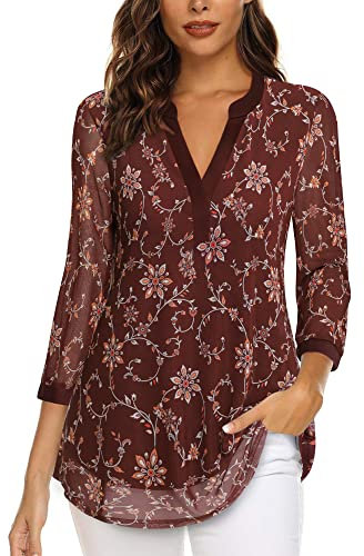 Vafoly Tunika Tops für Frauen V-Ausschnitt Langarmshirt Elegant Oberteil Business Casual 3/4 Ärmel Oberteile Top Frühling Herbst Blusen Loose Fit Bürokleidung Dunkelrot Blumen L