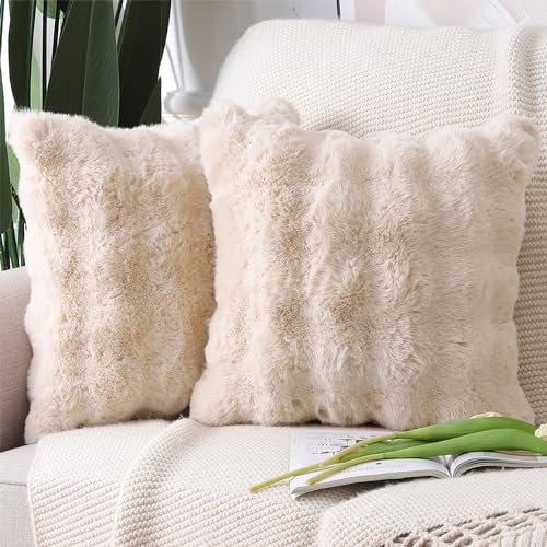 Madizz 2er Set Sanft Plüsch Kurze Wolle Samt Dekorativ Zierkissenbezüge Luxus Stil Kissenbezug für Sofa für Schlafzimmer Beige 55x55 cm