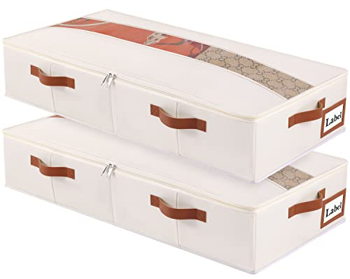 Yawinhe 2 piezas Bolsa de Almacenamiento Debajo de la Cama, Caja de Almacenaje plegable con Ventanas y Manijas Transparentes, para Almacenar Ropa, Mantas, Almohadas, 80x40x15cm, Beige