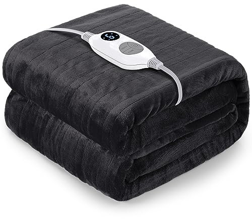 Warmrest Electric Blanket Heated Throw Blanket Soft Flannel Double Large 𝟏𝟑𝟎𝐱𝟏𝟖𝟎𝐜𝐦, 6 Heat Levels Fast Heating, 1 to 10 Hours Auto-Off Detachable Controller, Machine Washable Grey