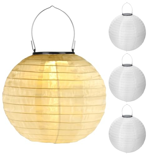 LUCKYKODOR 4 Piezas Farolillos Solares LED 20cm Linternas de Papel Farolillo Papel Redondo Farolillos Redondos de Papel Pare Nailon Impermeable Luces Decoración para Jardín Casa Bodas (Blanco Calido)