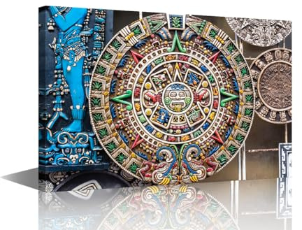 TISHIRON Leinwand-Wandkunst für Wohnzimmer, Farbe, Maya-Kalender, moderne Wohnkultur, Azteken-Solarkalender, Stein, HD-gedruckte Poster, Kunstwerk für Schlafzimmer, Büro, Mexiko, Wandkunst, Bilder