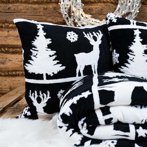 Cotton Market Bettwäsche 200x200 cm - Bettwäsche Mikrofaser - Weihnachts Bettwäsche - Bettwäsche-Sets 3 Teilig - Bettbezug und 2 Kissenbezug 70x80 cm - Schwarz, Rentier
