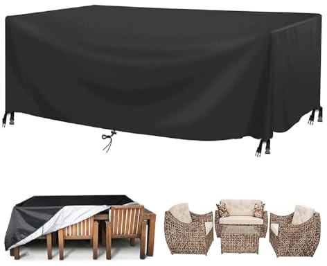 18meng Art Abdeckung Gartenmöbel Wasserdicht 300x150x100cm Schwarz Abdeckplane Gartenmöbel Winddicht Winterfest Anti-UV 600D Oxford Gewebe Sitzgruppe Gartentischabdeckung wasserdichte Abdeckhaube