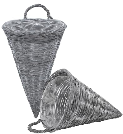 Macetero colgante de pared, Maceta, 41 x 24 cm, color gris, juego de 2 unidades, ratán para interior y exterior, decoración de jardín natural, cono, pirámide con lámina para colgar