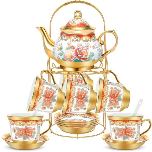 Gandeer 20 Pcs Adult Tea Party Set Porcelain with Metal Holder, Classic