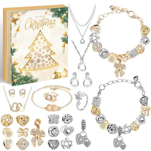 Adventskalender Mädchen Schmuck 2024, Weihnachtskalender Schmuck Geschenk für Kinder Teenager Frauen, 24 Füllung Adventskalender Schmuck Basteln Mädchen Charm Armband Kit Weihnachten Geschenke