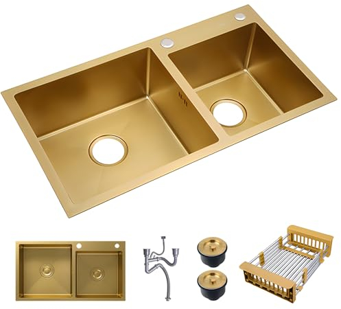 KOOGIMDDR Fregadero de cocina dorado, 75 x 40 cm, doble bandeja, acero inoxidable 304 nano, con tapa de fregadero dorado y tamiz de fregadero, empotrable o empotrado