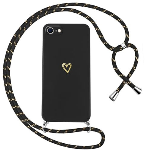 Oelrstfe Handyband für iPhone 8/iPhone SE 2020/iPhone 7/SE 2022 Hülle mit Band Herz Motiv Handyhülle für zum Umhängen Silikon Stoßfest Dünn Weich Schutzhülle mit Kordel Necklace Kette Case,Schwarz