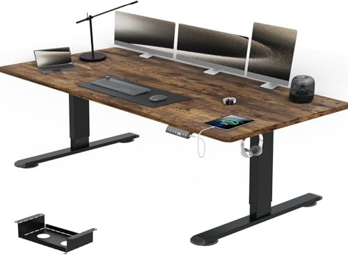 Airfish Höhenverstellbarer Schreibtisch mit USB-Buchse, Elektrisch Schreibtisch mit Kabelwanne, Computertisch, Bürotisch, Stehpult mit Erinnerung an sitzende Tätigkeiten, 140 x 80 cm, Vintage-Braun