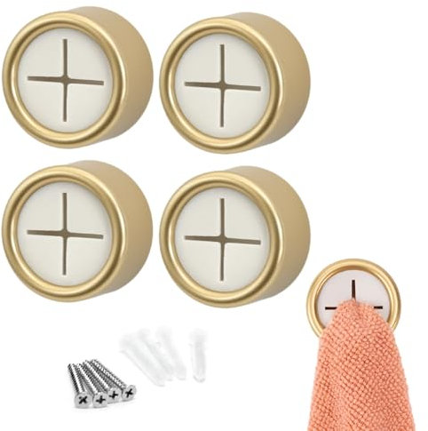 S&T INC. Round Adhesive Push Towel Hooks for Kitchen, Hand and Dish Towels, Brushed Gold, 4 Pack