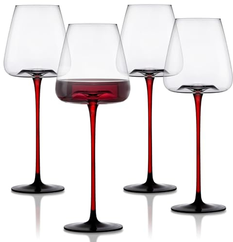 LEMONSODA Concave Champagne & Wine Glasses - Modern Red Stem & Black Bottom for Sparkling Wine, Rosé, Prosecco, Champagne – Handcrafted Barware, Perfect for gift (20oz, Set of 4)