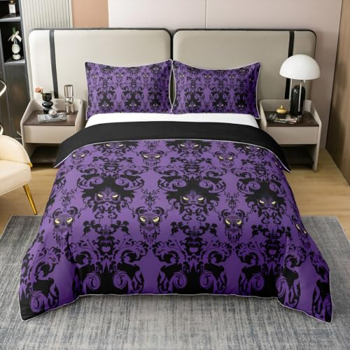 Loussiesd Halloween 100% Baumwolle Bettwäsche Set 135x200cm Schwarz Lila Jacquard Betten Set Geist Betten Set Lustig Betten Set