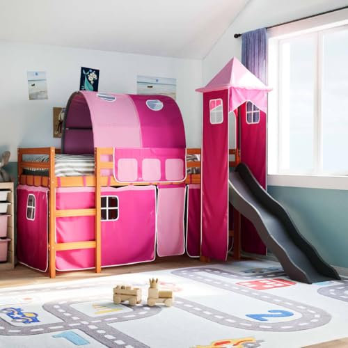 XGWKCNV Furniture select-Kids Hochbett mit Turm rosa 90x200 cm Massivholz Kiefer