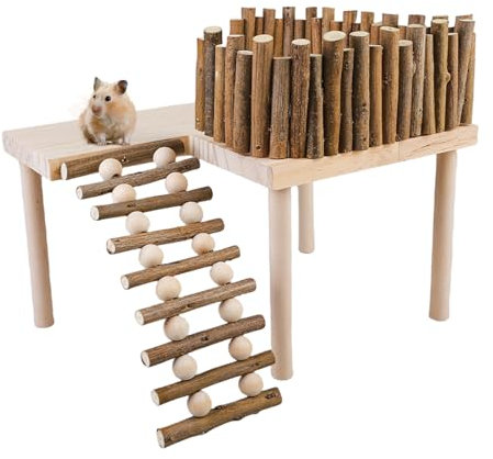 Behogan Holzhamster Kletterplattform mit Kletterleiter, Hamster Zubehör für Hamster, Golden Bear Käfig Zubehör (Vertikales Klettern)