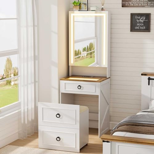 Gurexl Schminktisch mit Spiegel und Hocker, Frisiertisch mit Beleuchtung Glasplatte, Rollen, Ladestation, kompaktes Schmuckschrank Set mit Platz für Schmuck und verstecktem Weiß