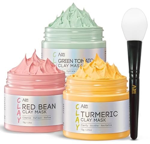 ANAiRUi Set Maschere Argilla Viso con Pomodoro Verde, Curcuma e Fagioli Rossi - Detox Profondo, Controllo Sebo e Riduzione Pori, 210g | Maschera Purificante Vegan per Pelli Grasse e Miste