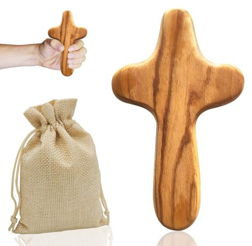 10CM Handmade Olive Wood Holding Cross,with Linen Sack,Ergonomic Mini Wooden Cross for Prayer,Crosses,Meditation & Christian Cross,Wooden Crucifix,Handmade Olive Wood Cross,for Men,Women & Kids