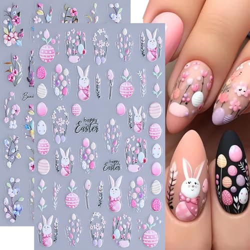 Nagelsticker Ostern Nail Art Sticker 5D Selbstklebend Nagelaufkleber Hase Gefärbte Eier Frühling Dekoration Nageldesign Zubehör (2Blatt)