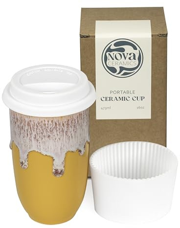 NOVA Ceramics Ceramic Tumbler– Ceramic Travel Mug with Lid – Microwave & Dishwasher Safe Coffee White & Orange Tumbler - Gifts for Women Men Him Her – 475ml – Grapefruit