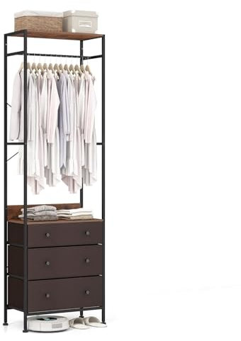 FANTASK Coat Stand with 3 Drawers, Coat Rack with Hanging Rail & Storage Compartments, Metal Clothes Stand, Industrial Hallway Coat Rack, 55 x 28 x 176 cm