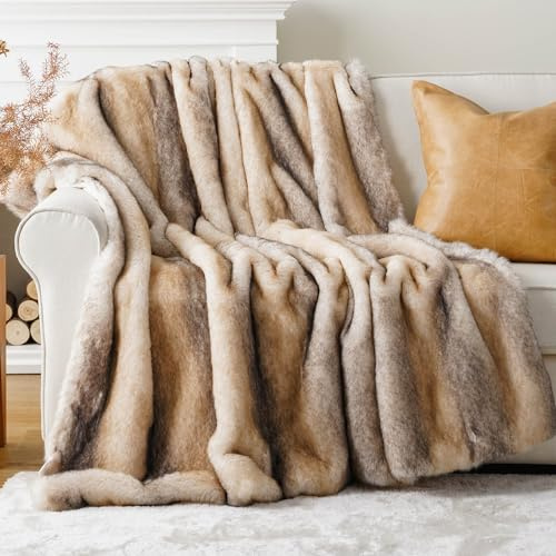Battilo Luxus-Kunstpelzdecke grau-gelb gestreift extra dick 125x150cm | grau-gelb gestreift, extra dick & flauschig, luxuriöse Heimdekoration, für Sofa/Bett/Stuhl, Chemischreinigung