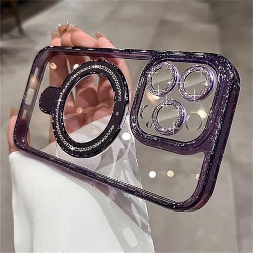ORBANA Custodia per iPhone 14 Pro Max con supporto magnetico e brillante, trasparente e glitterato, con fotocamera integrata (per iPhone 14 Pro Max/viola scuro)