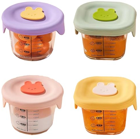 RCGOFOLLOW 4 Stück ungiftige Babynahrungsgläser aus Glas zur Aufbewahrung in der Mikrowelle, Set mit 4 runden, quadratischen Behältern, 230 ml, Aufbewahrung von Babynahrung
