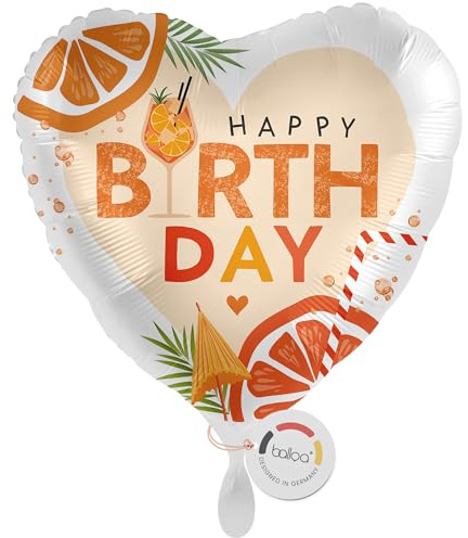 balloa Herzballon Happy Birthday Cocktail, XXL Folienballon, 53 cm | Buntes Cocktail-Design mit Orangenscheiben, Herzform, XXL, heliumgeeignet, ungefüllt, sommerliche Deko zum Geburtstag