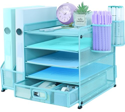 TSDRBWO Desk Organiser File Holder With 2 Pen Holder, 5 Tier Paper Letter Tray Organiser with Drawer,Mesh Desktop Storage with Magazine Holder for Office Supplies, Sky Blue