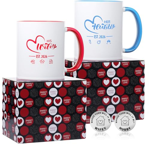 MEGETGOD Hubby & Wifey Mugs Set with Decision Coin - Wedding Gifts for Bride and Groom, Valentines Gifts for Couple Anniversary Engagement Present for Him Her 14 oz