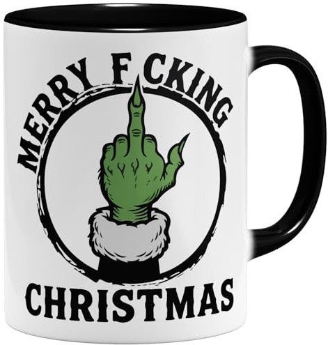 OM3® lustige Merry Fucking Christmas Kaffee-Tasse mit Spruch - Mittelfinger Weihnachten - Keramik Becher - 325ml - Beidseitig Bedruckt - Schwarz