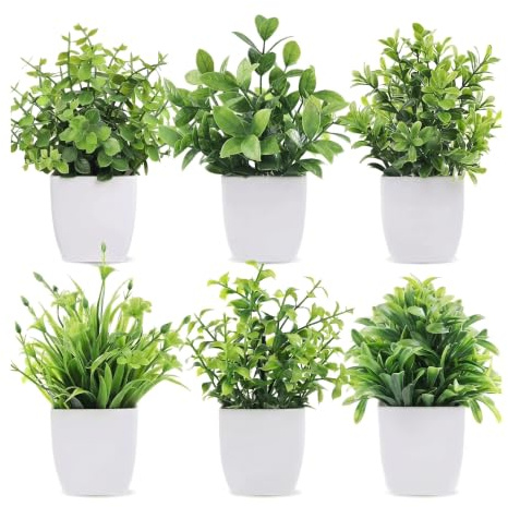 Small Fake Plants, 6PCS Artificial Plants in Pots, White | for bathroom Home Office shelf Table Garden Decor
