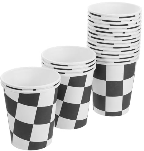 Veemoon Lot de 20 Gobelets Jetables en Papier Épais à Carreaux Noir et Blanc 250 Ml pour Fête Thème Racing Party, Vaisselle de Fête Pratique et Légère pour Boissons, Anniversaire