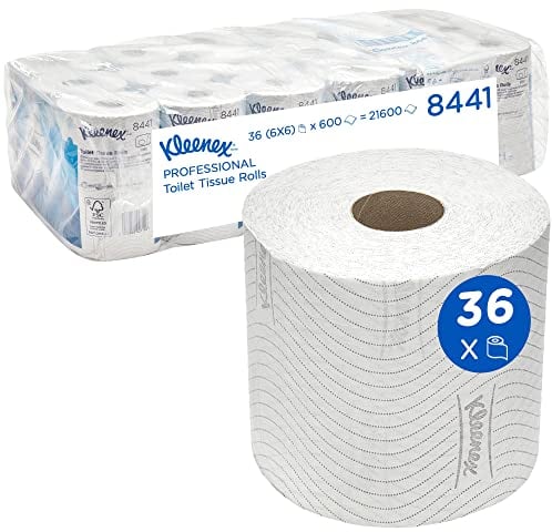 Kleenex Rouleaux de papier toilette standard 8441 - Papier toilette 2 plis - 6 paquets de 6 rouleaux x 600 feuilles de papier toilette blanc (36 rouleaux/21 600 feuilles au total)