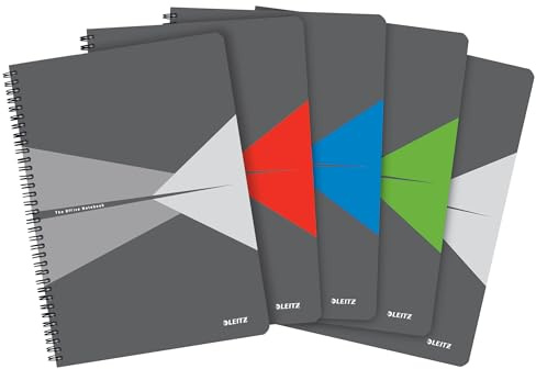 Leitz Office Collegeblock Kariert A4, 5er Pack, Spiralbindung, PP-Einband, 90 Blatt, Quadrate, verschiedene Farben, 44950099