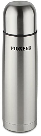 Pioneer Bouteille Isotherme à Double paroi sans BPA en Acier Inoxydable 18/10 avec Bouton-Poussoir et gobelet – 0.5L, Argent, 8 Heures Chaud, 100% étanche