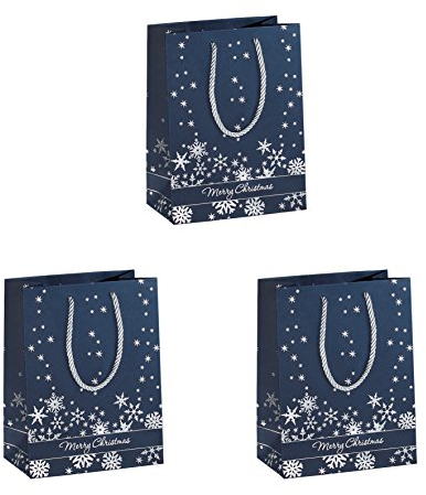Sigel GT111/3 mittelgroße Premium Papier-Geschenktüten 17,5 x 23 cm, 3er Set, mit Silberprägung, Silver Snowflakes, Papier-Geschenktaschen Weihnachten