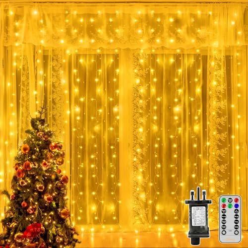 Ollny Curtain Lights Indoor Outdoor, 300LED 3mx3m Waterfall Hanging Plug in String Lights, Waterproof Window Lights with 8 Modes/Timer/Dimmable/Remote/Momery for Bedroom/Wall/Outdoor/Wedding/Party
