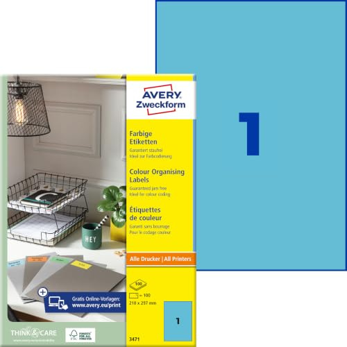 AVERY Zweckform 3471 Blaue Etiketten (100 Aufkleber, 210x297mm auf A4, permanent haftend, selbstklebende Farbetiketten, Papier matt, bedruckbare, farbige Klebeetiketten) 100 Blatt
