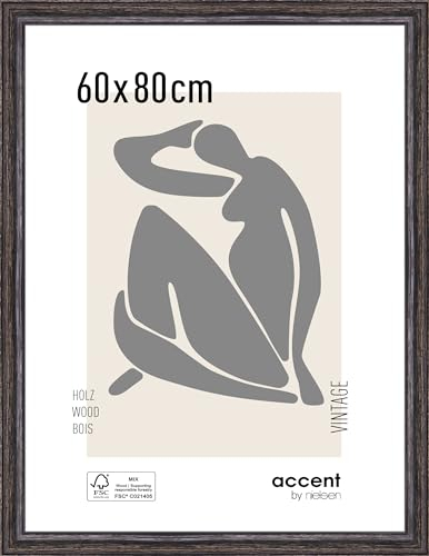 accent by nielsen Bilderrahmen, 60 x 80 cm, Holz, Schwarz, Posterrahmen zum Aufhängen im Hoch- & Querformat, Echtglas, Vintage