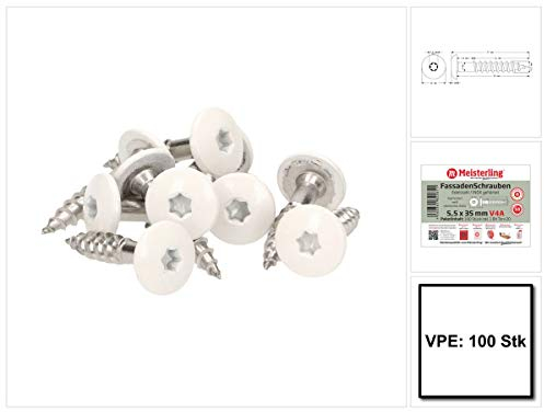 Meisterling® Lot de 100 vis de façade en acier inoxydable V4a Inox, avec tête plate colorée thermolaquée et empreinte Torx T 20 + 1 embout, blanc, blanc