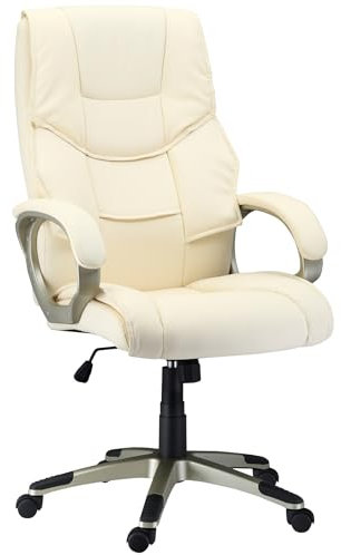 HOMCOM Office Chair, Computer Desk Chair, Faux Leather Swivel Chair with Adjustable Height, Padded Seat and Rolling Wheels for Home Study and Work, Cream White