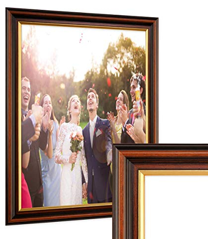 PHOTOLINI Bilderrahmen 30x40 cm Antik Dunkelbraun mit Goldkante Massivholz mit Glasscheibe inkl. Zubehör