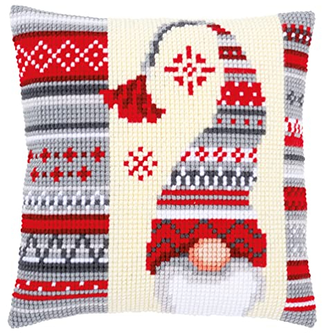 Vervaco Kreuzstich Stickpackungen Kissen Front zum Selbersticken mit Stickbild auf 100% Baumwoll Stoff und Stickgarn, Stickvorlagen 40 x 40 cm mit Anleitung, Weihnachtswichtel